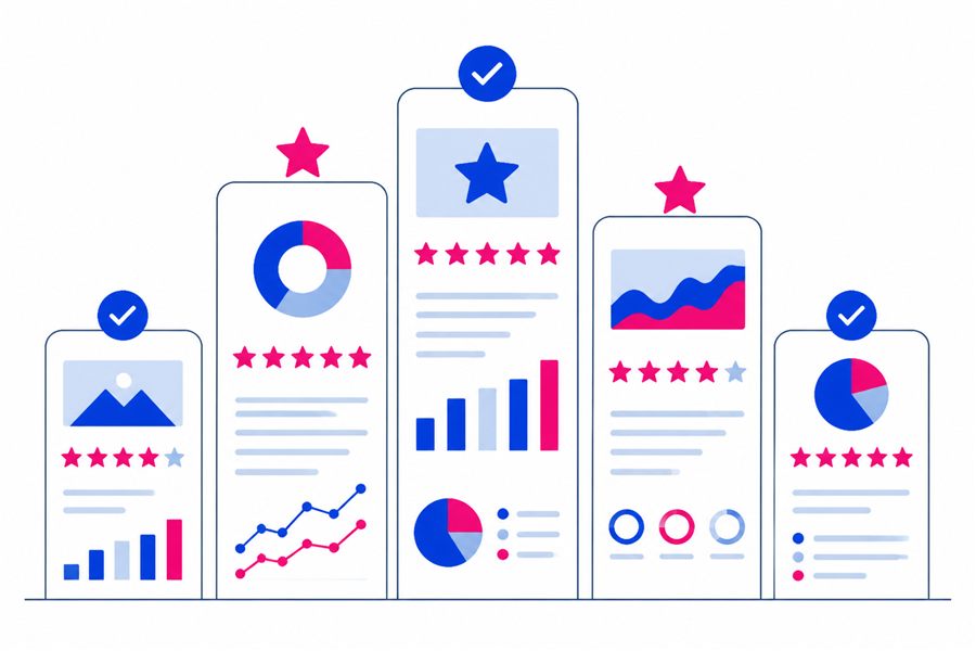 Illustration of stacked report-card panels with star ratings and small charts, representing individual operator reviews